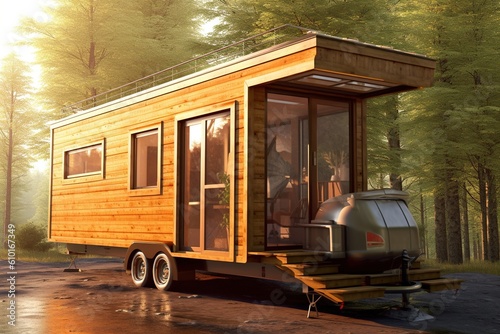 Modern mobile bunkie, build on top of a trailer with wheels. Generative AI. photo