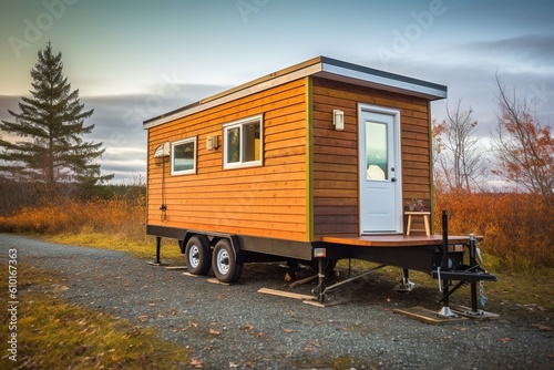Modern mobile bunkie, build on top of a trailer with wheels. Generative AI.