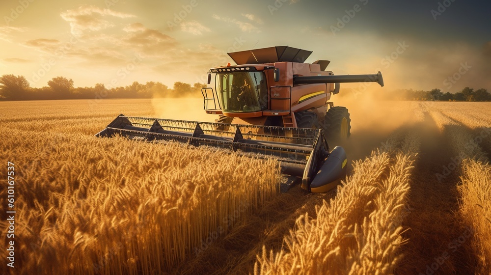 Obraz premium Modern harvester working in a wheat field. Generative AI.