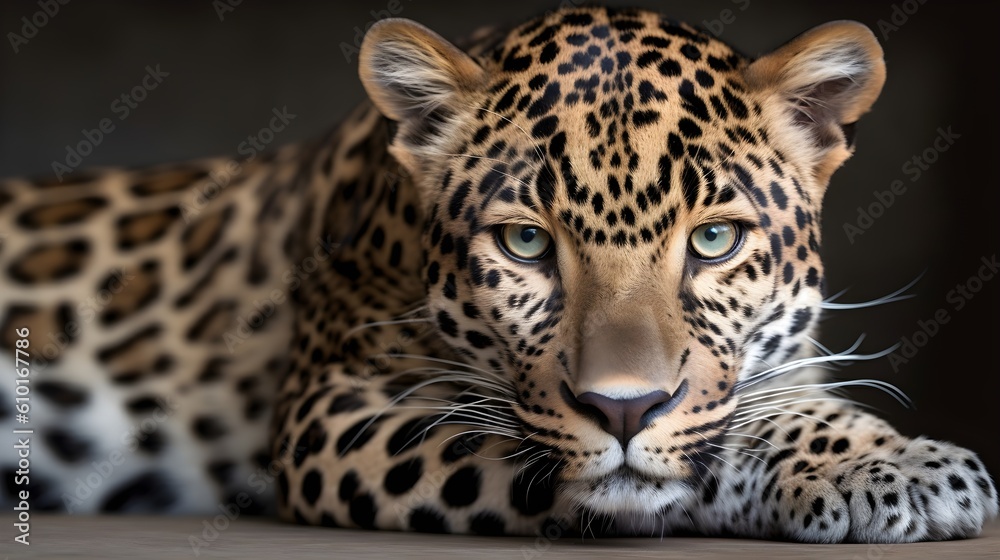 Ferocious carnivore leopard sit and relaxed and stare at the camera with dark background. Generative AI technology. Ferocious carnivore leopard sit and relaxed and stare at the camera with dark background. Generative AI technology.