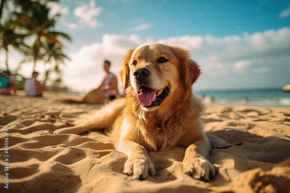 Golden Retriever dog is on summer vacation on summer beach. Generative AI.