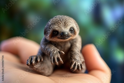 A tiny sloth in the palm of a hand. Generative AI. © Bargais