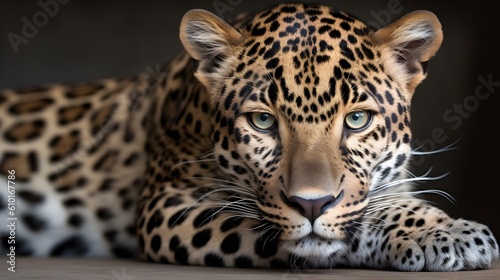 Ferocious carnivore leopard sit and relaxed and stare at the camera with dark background. Generative AI technology.