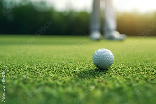 A golf ball sitting next to a hole on a perfect golf green. Generative AI.