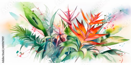 watercolor painting of a tropical bouquet featuring palm leaves and exotic flowers. Generative AI