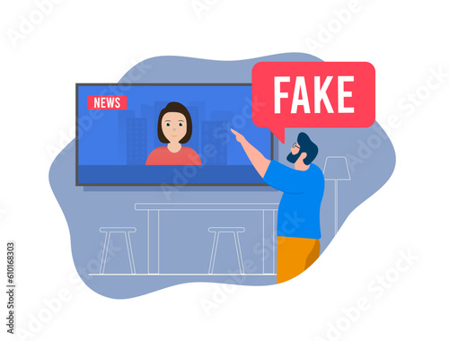 Combat fake news and misinformation. Man exposes false TV news, raising awareness about online propaganda. Promote media literacy and truth. Illustration isolated on white background