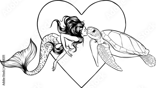 Vector engraved style illustration of mermaid in monochrome isolated on white background.