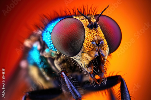 A macro of a very colorful fly. Generative AI. © Bargais