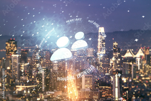 Double exposure of abstract virtual people icons hologram on San Francisco city skyscrapers background. Online insurance service concept
