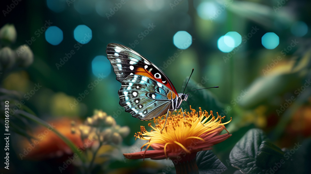 Butterfly closeup resting on a flower with natural background generative ai
