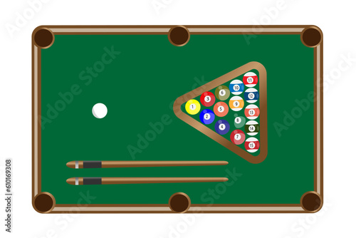 vector illustration of a billiard table with balls and sticks, awesome illustration