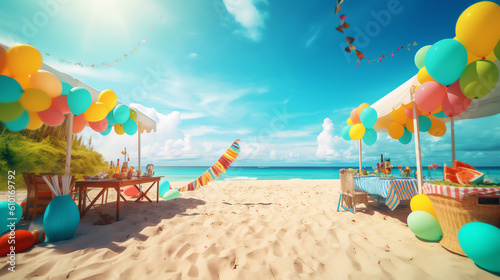 Fotografia summer beach party with balloon decoration ai generative