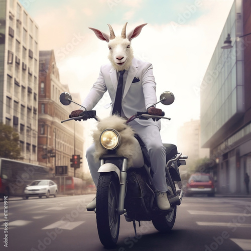 goat is riding a motorbike photo