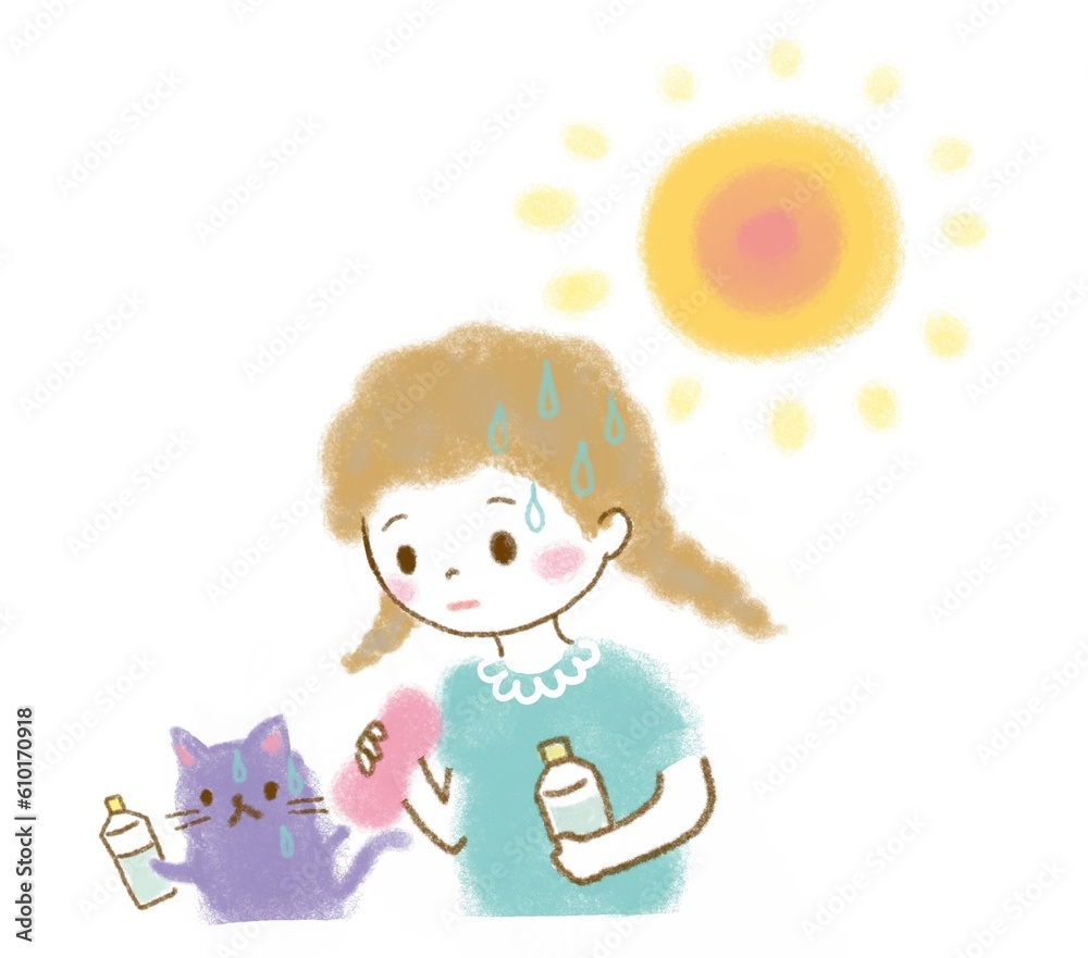 夏 熱中症対策 女の子 猫 イラスト 夏 熱中症対策 女の子 猫 イラスト