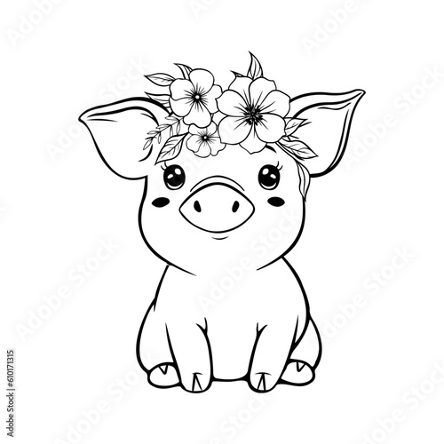 Cute Pig in a flower headband, outline, colouring page . Vector illustration.