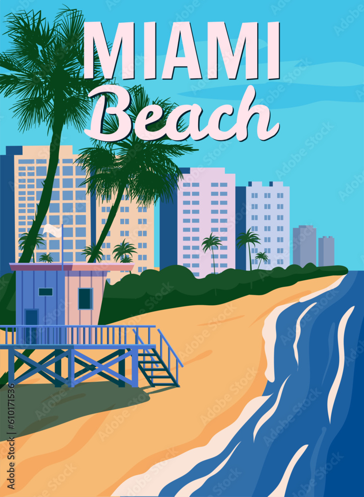 Miami Beach, City Skyline, Retro Poster. Lifeguard house, coast, surf, ocean. Vector illustration vintage