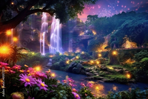 Glowing fireflies illuminating a hidden fairytale garden at dusk, with a majestic waterfall cascading down a vibrant flower covered cliff. Generative AI