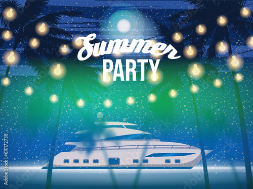 Summer Beach Party, Night Beach Palms Banner, Flyer