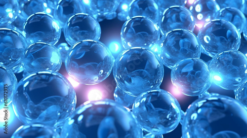 Blue and azur, glowing bubbles. Futuristic tech wallpaper. Texture made of spherical balls transparent 3d shapes arranged for digital backgrounds. Translucent 3d render composition. Generative AI