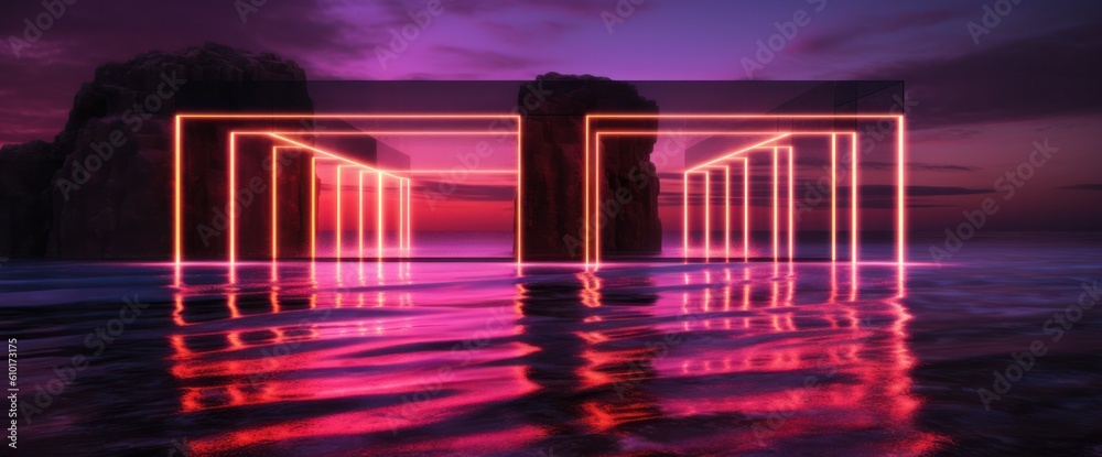 Fototapeta premium Neon lights on the cliff at night, in the style of futuristic geometric abstraction, mirror rooms, minimalist backgrounds. Generative AI