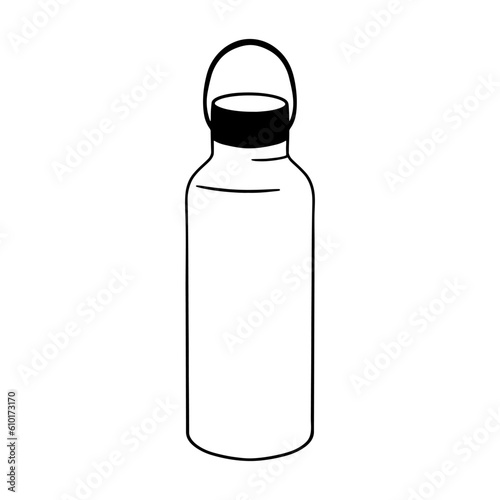 Vacuum flask with handle. Vector outline doodle sketch. Thermos bottle for hiking and camping