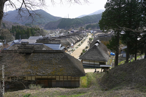 Beautiful scenery of Ouchi-Juku ancient village, thick thatched houses to prevent snow in winter, Fukushima, Japan.