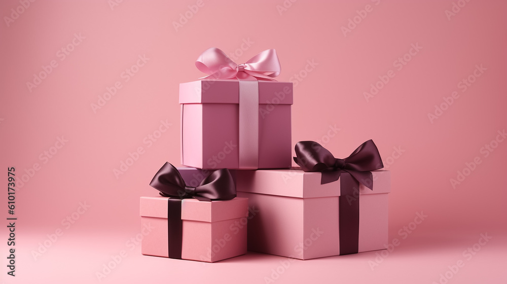 gift boxes tied with ribbons on a Pink background, copy space