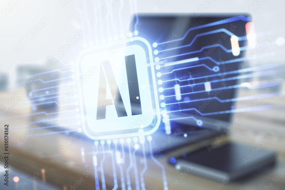 Double exposure of creative artificial Intelligence icon and modern desktop with laptop on background. Neural networks and machine learning concept Double exposure of creative artificial Intelligence icon and modern desktop with laptop on background. Neural networks and machine learning concept