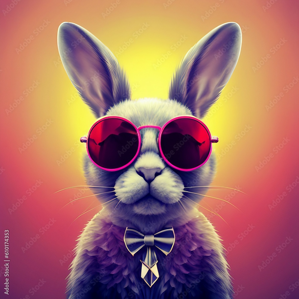 Abstract clip-art of White Rabbit wearing trendy sunglasses. Ai generated