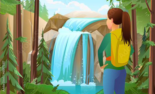 Beautiful waterfall. girl with backpack looks ahead. Pine forest and rocks with water. Hiking trip. Cartoon style. Vector