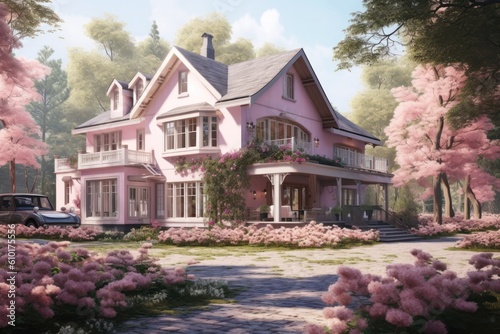Charming country house  harmoniously blending into a dreamy wooded landscape with pastel colors. Generative AI