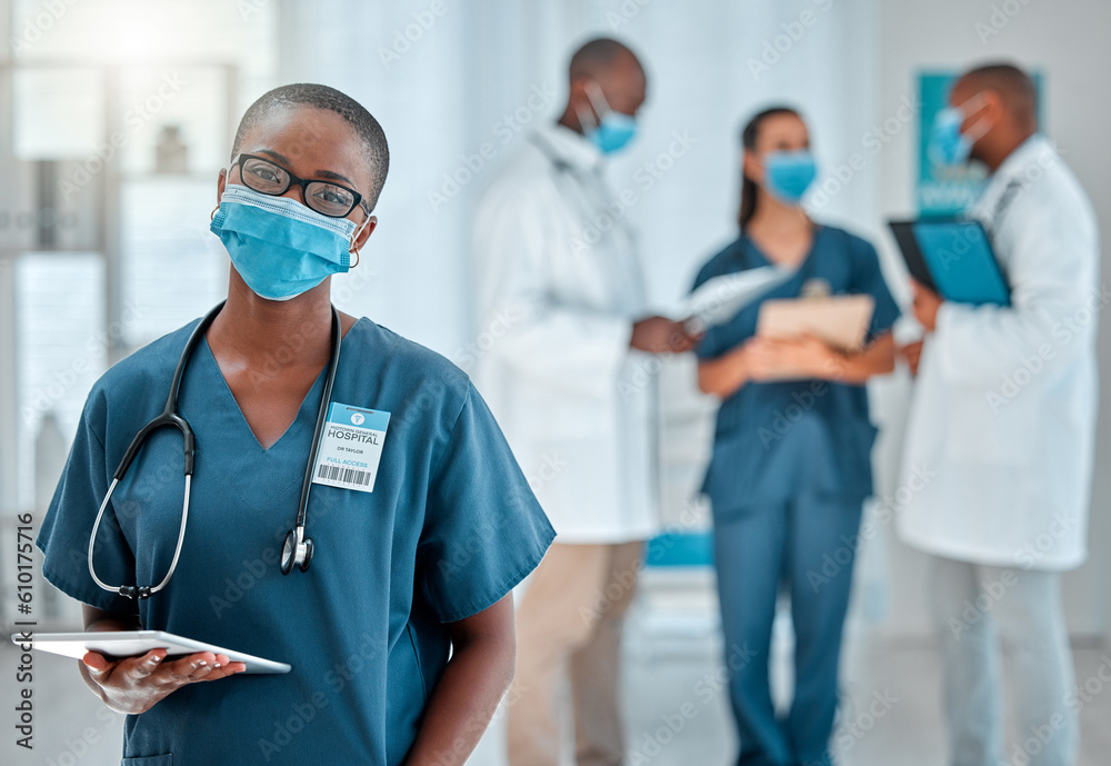 Healthcare, doctor and portrait of black woman with tablet for medical report, results and research. Hospital, clinic team and face of female health worker for online service, consulting and internet Healthcare, doctor and portrait of black woman with tablet for medical report, results and research. Hospital, clinic team and face of female health worker for online service, consulting and internet