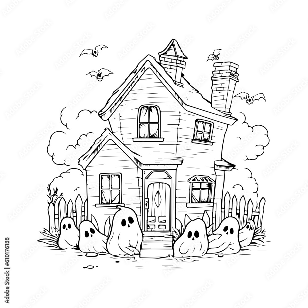 Fototapeta premium haunted tree house silhouette horror scary creepy hand drawn illustration line art