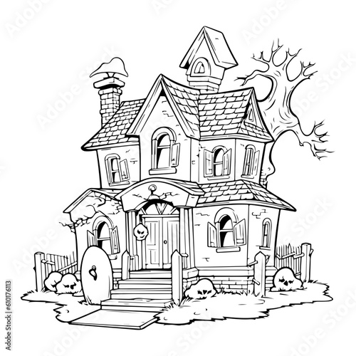 haunted tree house silhouette horror scary creepy hand drawn illustration line art