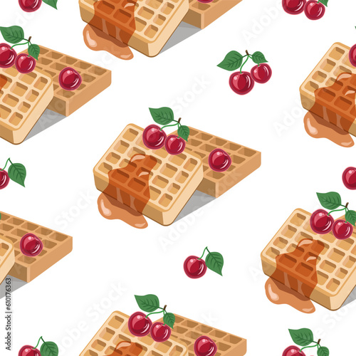 Seamless pattern of Belgian waffles with cherry on a white background.Vector pattern for textiles,restaurant menus,backgrounds.