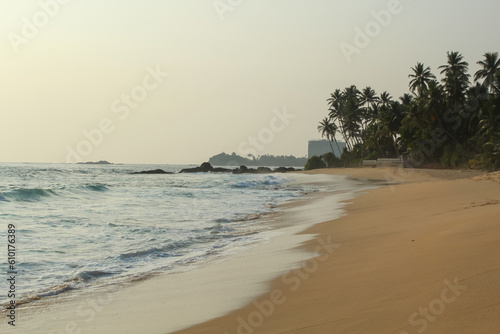 Panorama of Rock and palm tree at Dalawella Beach in a sunny day in Sri Lanka