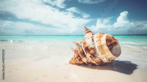 huge conch shell surrounded by sparkling white sand on a beach - generative ai