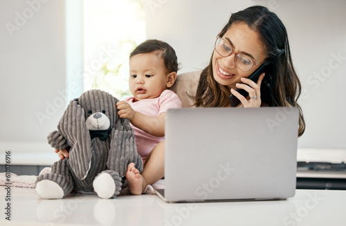 Phone call, remote work and happy woman with baby, laptop, freelancer with online project on maternity leave. Working from home office, mother and child with cellphone and computer at virtual job photo