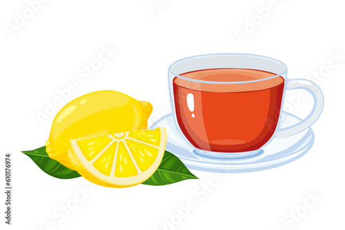 Earl Gray hot tea with lemon slices isolated on white background.