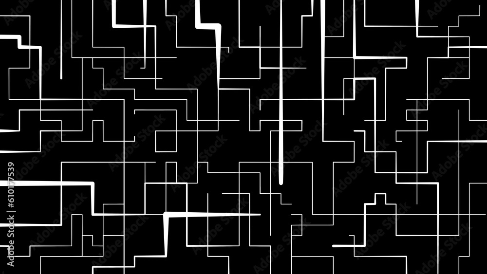 Monochrome industrial wallpaper, contemporary art, crossing lines, white lines on the black background, accent, tubes, industrial theme, change direction, geometrical, technical, crossing pipes
