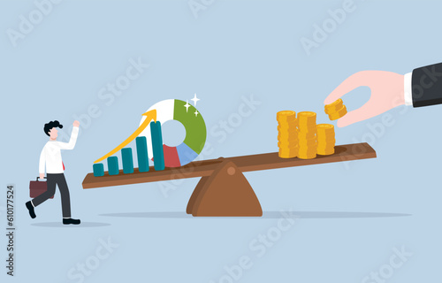 Wage or salary increase due to better work result, 
compensation for skill development, career growth concept, Hand putting more coins to balance employee performance chart on seesaw. 