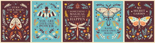 Boho botanical posters with mystery insects and positive affirmations. Witchcraft posters with inspirational slogans. Framed compositions with quotes, herbs, flowers, moth, butterflies