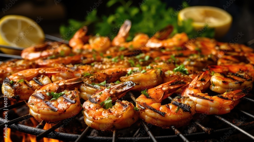 Fresh hot grilled shrimp on the grill. Generative AI
