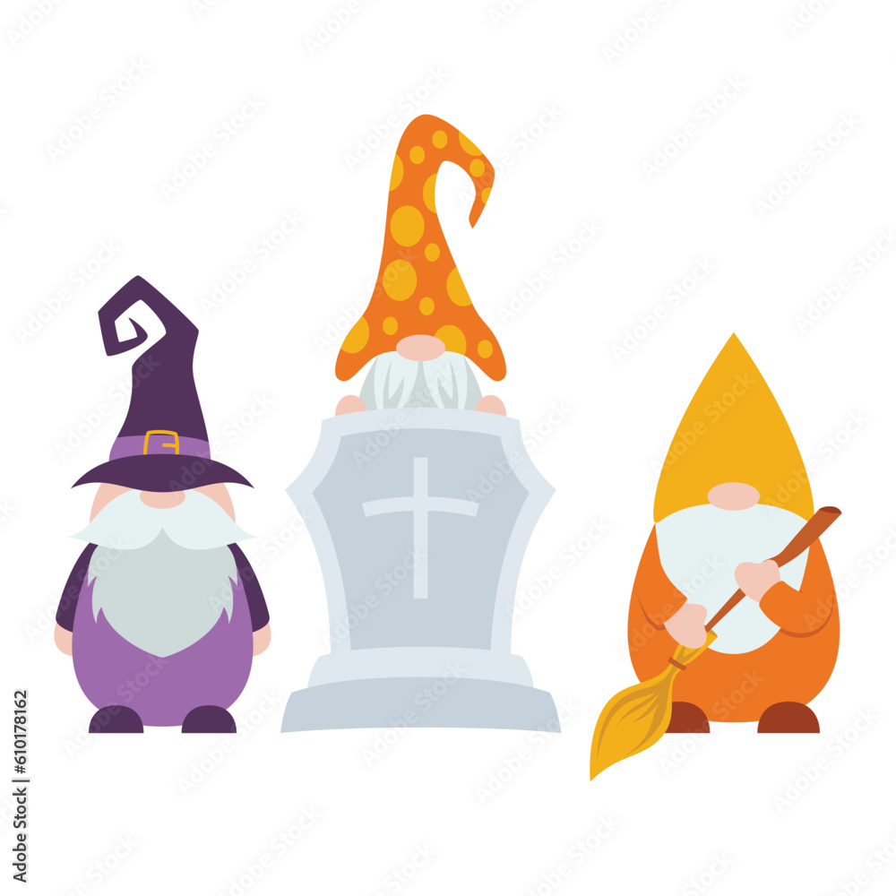 Naklejka premium Cute Halloween Gnomes Illustration Isolated On White Background. Cute Gnomes Halloween Character Illustration. Cute Gnomes Clip Art For Halloween Day.