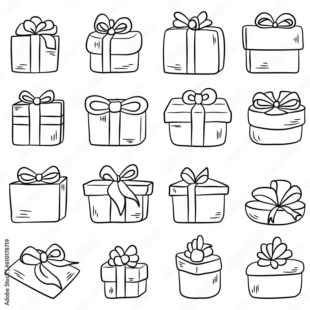 Gift boxes doodle set. Vector illustration isolated on white background. Gift boxes doodle set. Vector illustration isolated on white background.