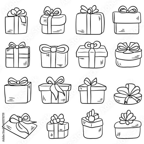 Gift boxes doodle set. Vector illustration isolated on white background.