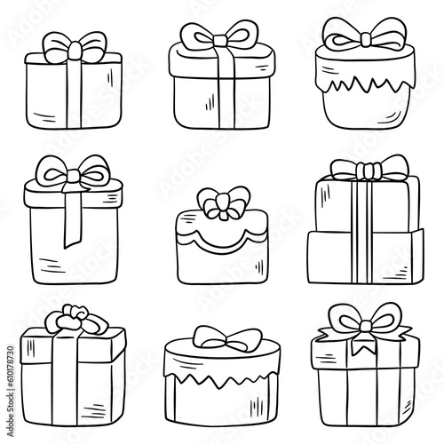 Gift boxes doodle set. Vector illustration isolated on white background.