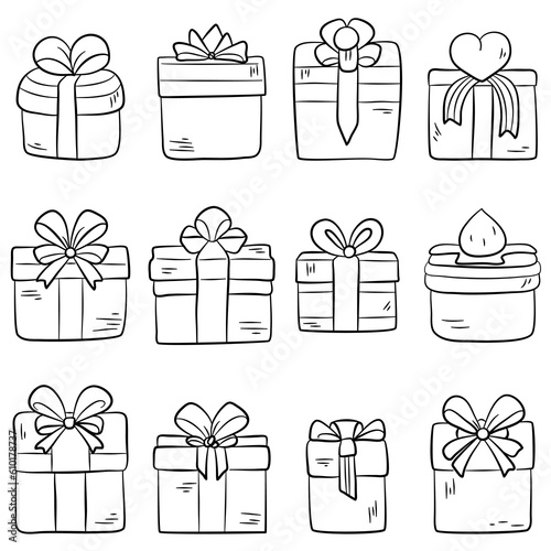 Gift boxes doodle set. Vector illustration isolated on white background.