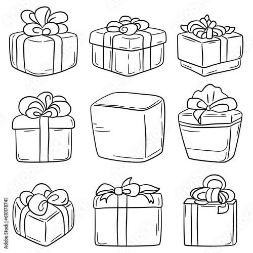 Gift boxes doodle set. Vector illustration isolated on white background.