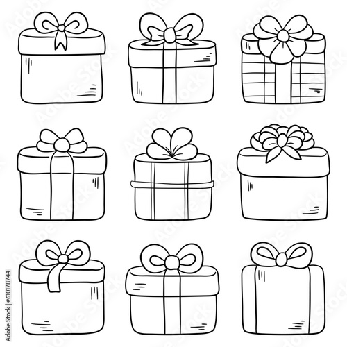 Gift boxes doodle set. Vector illustration isolated on white background.